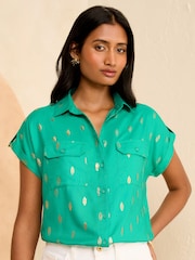 Love & Roses Green Foil Roll Sleeve Utility Shirt - Image 1 of 4