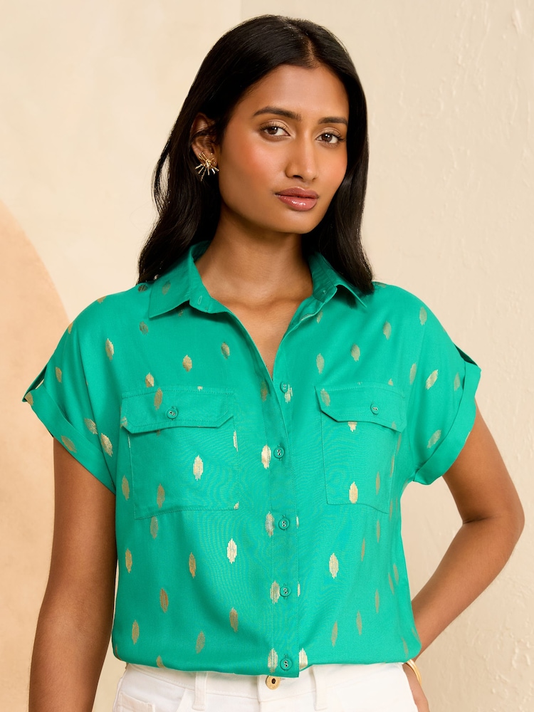 Love & Roses Green Foil Roll Sleeve Utility Shirt - Image 1 of 4