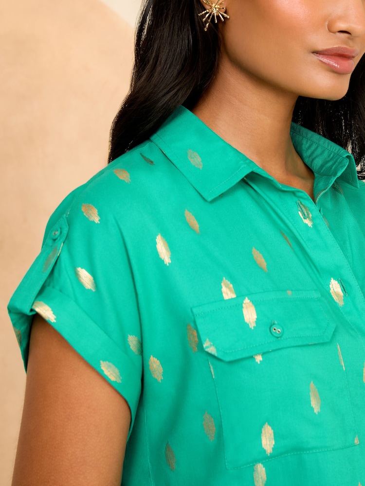 Love & Roses Green Foil Roll Sleeve Utility Shirt - Image 2 of 4
