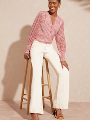 Love & Roses Ivory White and Red Geo Chiffon V Neck Long Sleeve Over The Head Blouse - Image 2 of 4