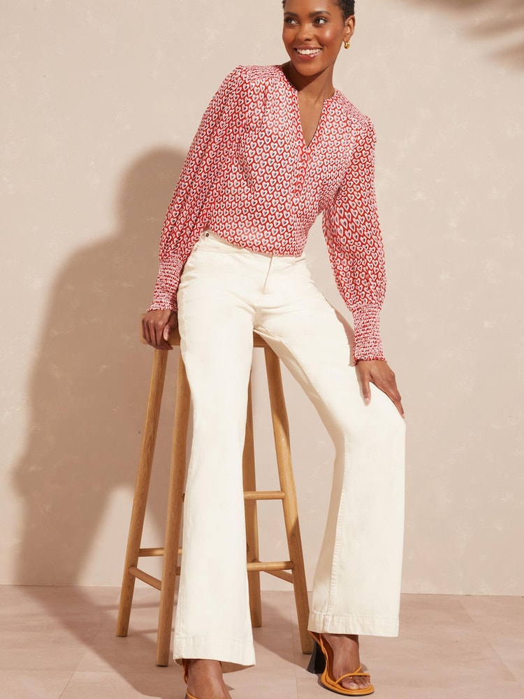 Love & Roses Ivory White and Red Geo Chiffon V Neck Long Sleeve Over The Head Blouse - Image 2 of 4