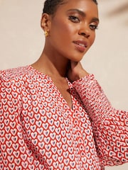 Love & Roses Ivory White and Red Geo Chiffon V Neck Long Sleeve Over The Head Blouse - Image 3 of 4