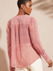 Love & Roses Ivory White and Red Geo Chiffon V Neck Long Sleeve Over The Head Blouse - Image 4 of 4