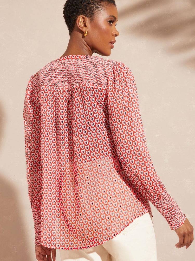 Love & Roses Ivory White and Red Geo Chiffon V Neck Long Sleeve Over The Head Blouse - Image 4 of 4