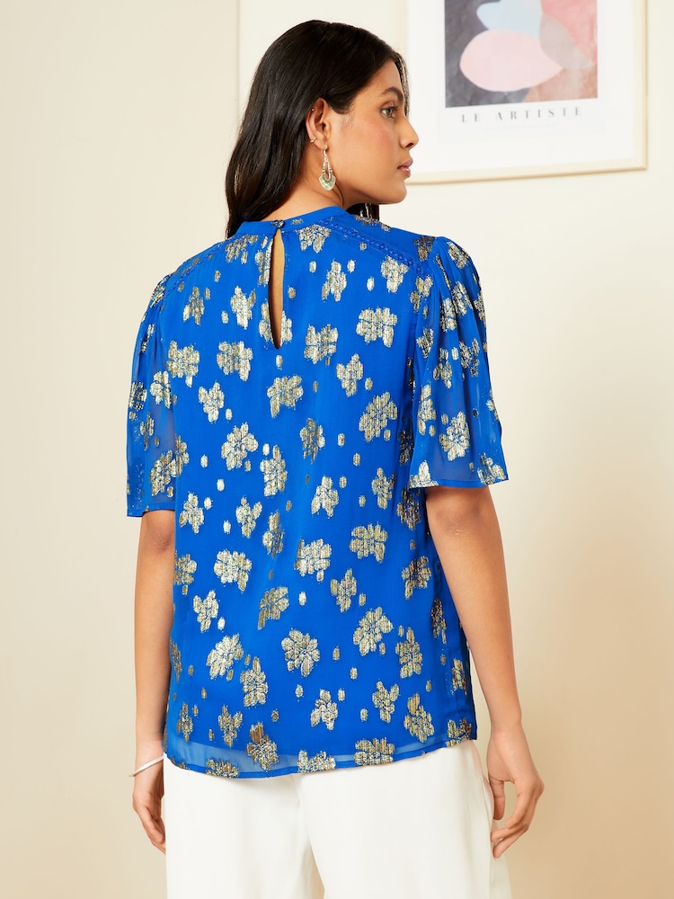 Love & Roses Cobalt Blue Petite Metallic High Neck Flutter Sleeves Top - Image 2 of 4