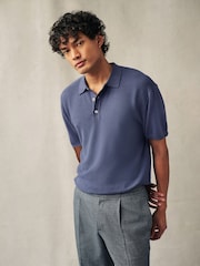 Mid Blue Knitted Bubble Textured Regular Fit Polo Shirt - Image 1 of 10