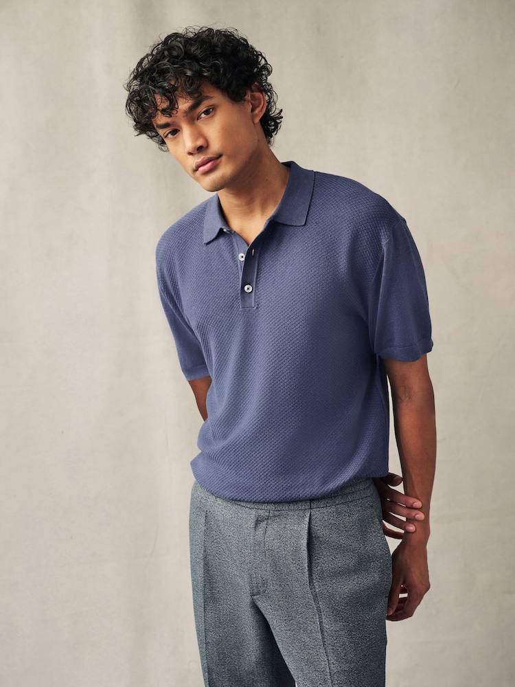 Mid Blue Knitted Bubble Textured Regular Fit Polo Shirt - Image 1 of 10