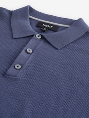 Mid Blue Knitted Bubble Textured Regular Fit Polo Shirt - Image 10 of 10