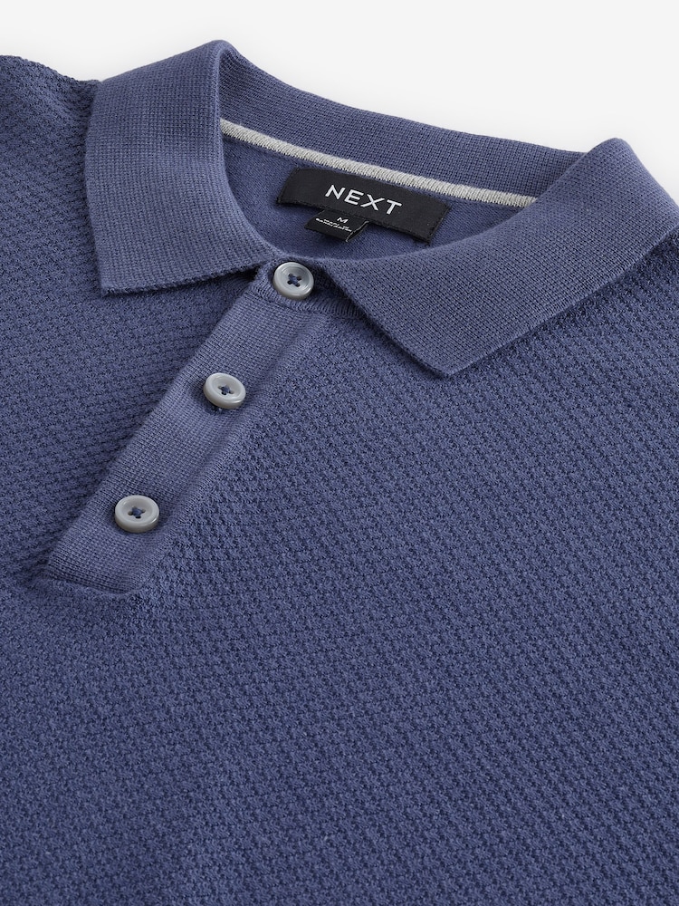 Mid Blue Knitted Bubble Textured Regular Fit Polo Shirt - Image 10 of 10