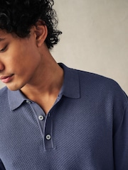 Mid Blue Knitted Bubble Textured Regular Fit Polo Shirt - Image 4 of 10