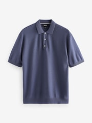 Mid Blue Knitted Bubble Textured Regular Fit Polo Shirt - Image 8 of 10