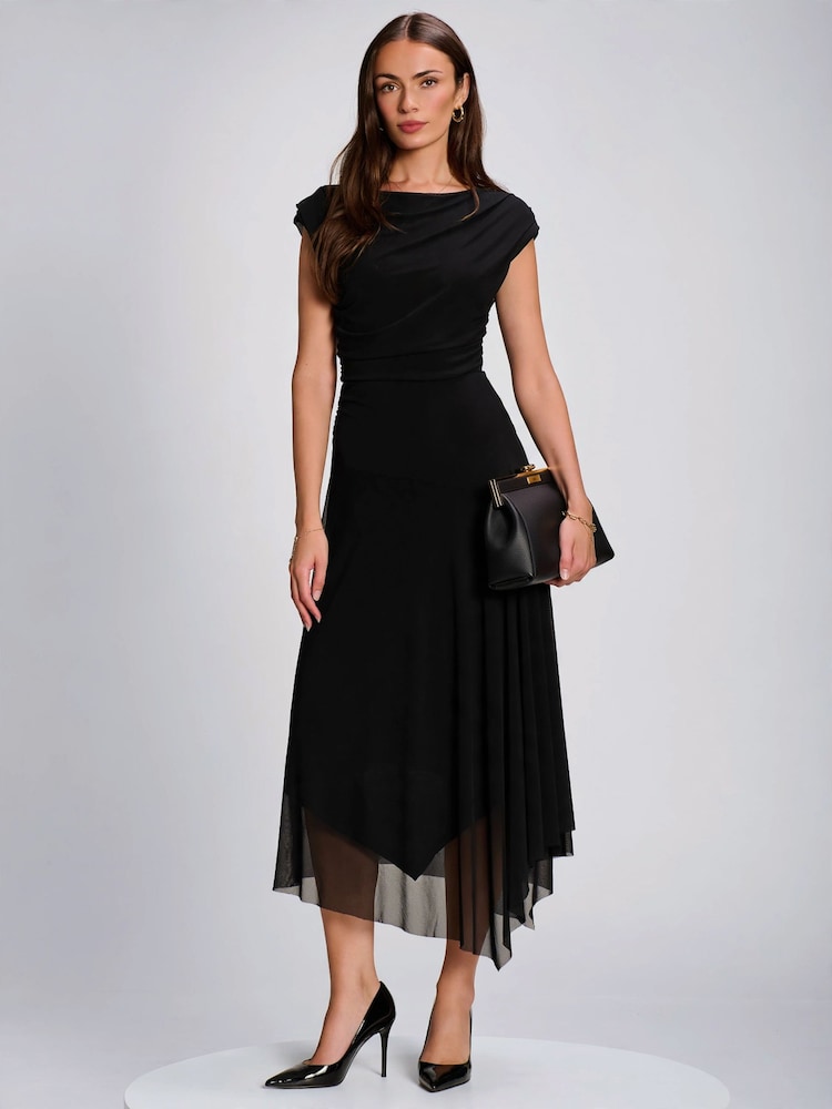 Jolie Moi Black Asymmetrical Draped Mesh Maxi Dress - Image 1 of 6 Jolie Moi Black Asymmetrical Draped Mesh Maxi Dress - Image 1 of 6