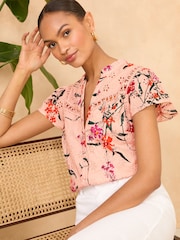 Love & Roses Pink Floral Ruffle Trim V Neck Flutter Sleeve Blouse - Image 1 of 4