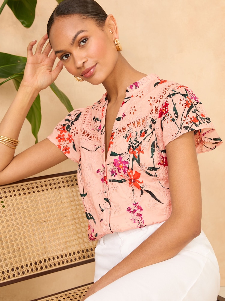 Love & Roses Pink Floral Ruffle Trim V Neck Flutter Sleeve Blouse - Image 1 of 4