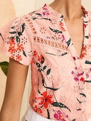 Love & Roses Pink Floral Ruffle Trim V Neck Flutter Sleeve Blouse - Image 2 of 4