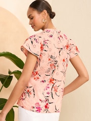 Love & Roses Pink Floral Ruffle Trim V Neck Flutter Sleeve Blouse - Image 3 of 4