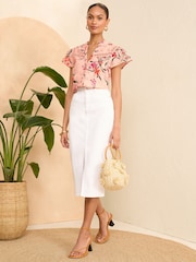 Love & Roses Pink Floral Ruffle Trim V Neck Flutter Sleeve Blouse - Image 4 of 4
