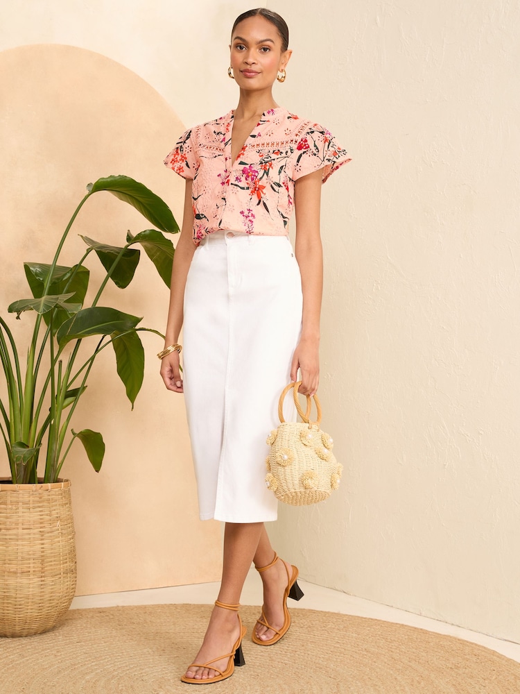 Love & Roses Pink Floral Ruffle Trim V Neck Flutter Sleeve Blouse - Image 4 of 4