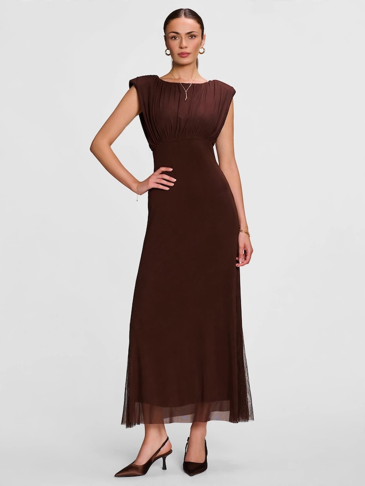 Jolie Moi Brown Lace Insert Mesh Maxi Dress - Image 1 of 6 Jolie Moi Brown Lace Insert Mesh Maxi Dress - Image 1 of 6