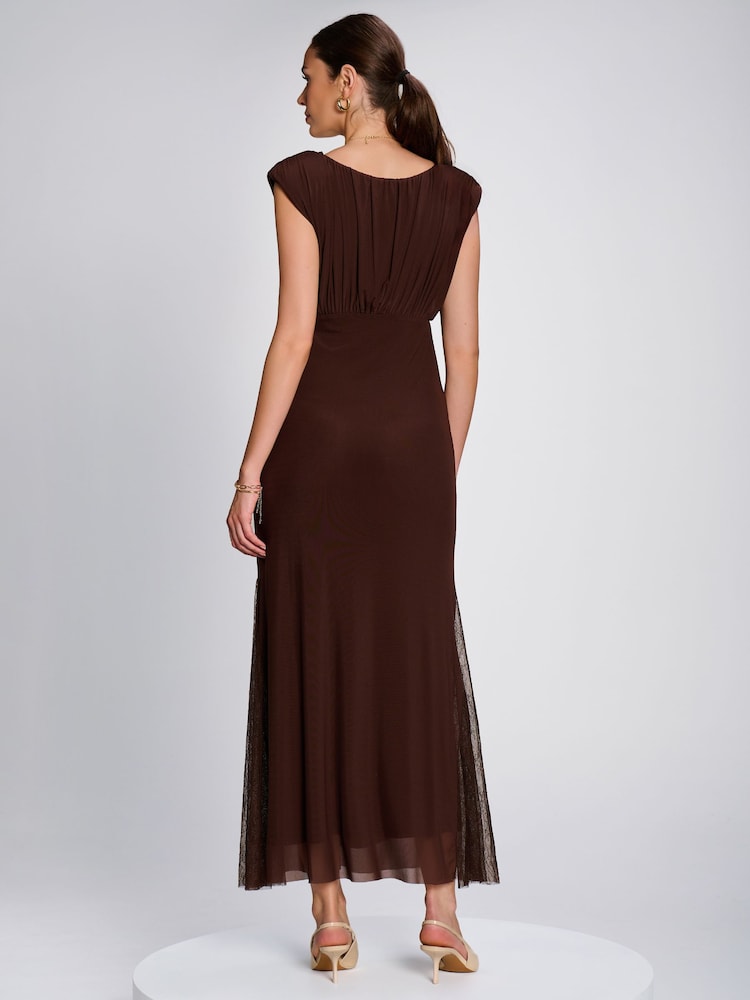 Jolie Moi Brown Lace Insert Mesh Maxi Dress - Image 2 of 6 Jolie Moi Brown Lace Insert Mesh Maxi Dress - Image 2 of 6