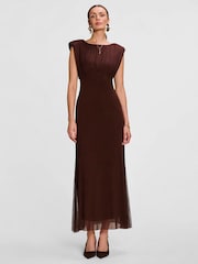 Jolie Moi Brown Lace Insert Mesh Maxi Dress - Image 4 of 6