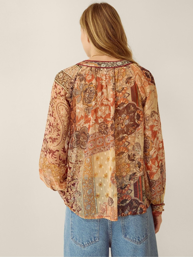 Monsoon Brown Evelina Sheer Floral Print Top - Image 2 of 5 Monsoon Brown Evelina Sheer Floral Print Top - Image 2 of 5