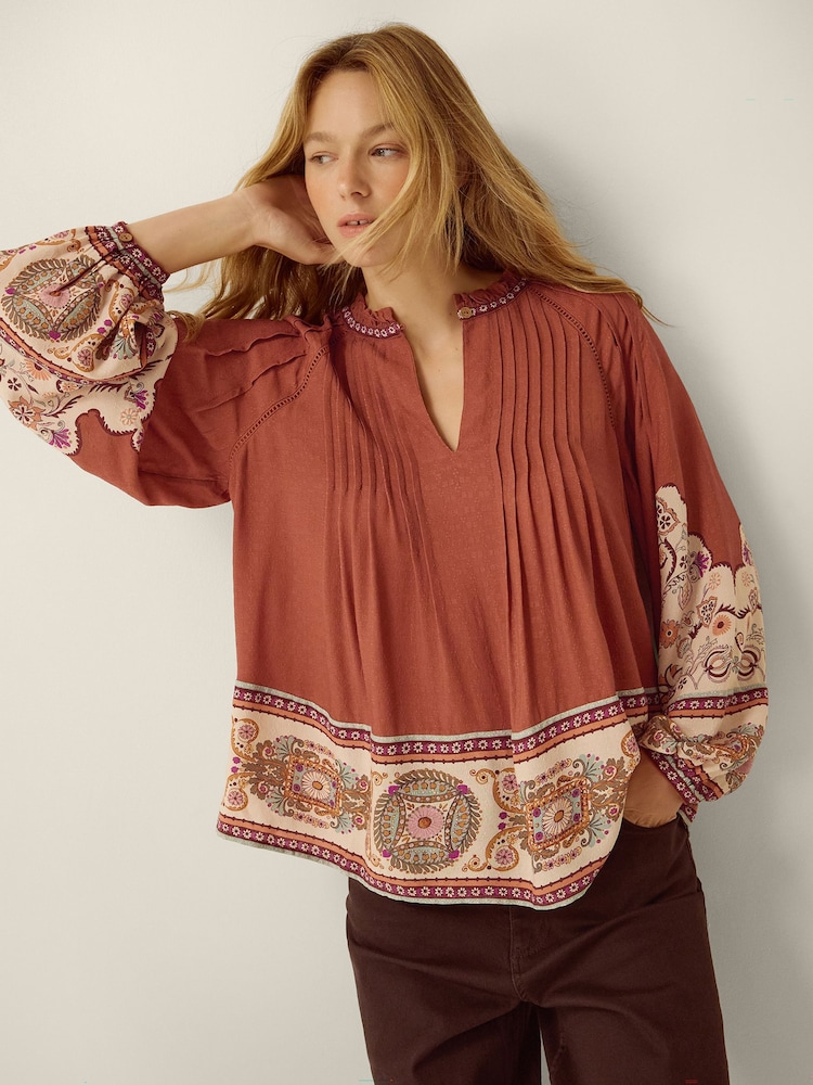 Monsoon Brown Alexandra Floral Pintuck Blouse - Image 1 of 3 Monsoon Brown Alexandra Floral Pintuck Blouse - Image 1 of 3