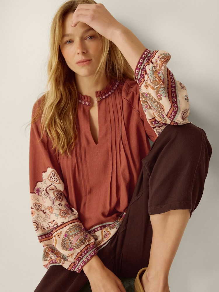 Monsoon Brown Alexandra Floral Pintuck Blouse - Image 2 of 3 Monsoon Brown Alexandra Floral Pintuck Blouse - Image 2 of 3