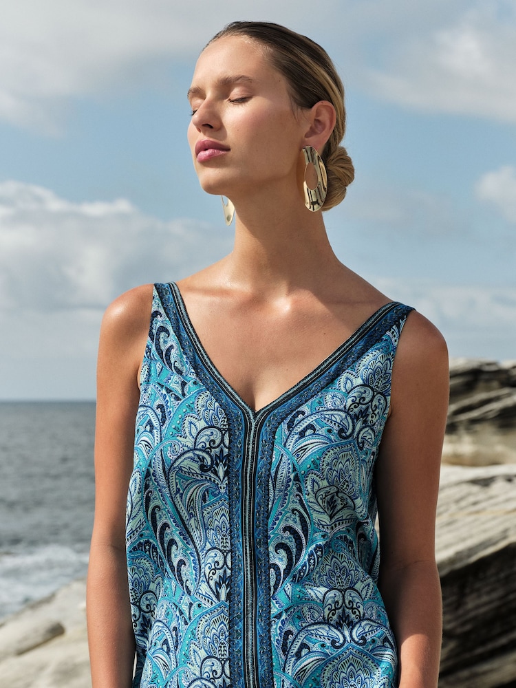 Love & Roses Blue Paisley V Neck V Back Woven Vest - Image 1 of 4 Love & Roses Blue Paisley V Neck V Back Woven Vest - Image 1 of 4