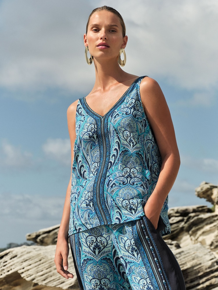 Love & Roses Blue Paisley V Neck V Back Woven Vest - Image 2 of 4 Love & Roses Blue Paisley V Neck V Back Woven Vest - Image 2 of 4