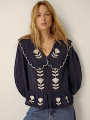 Monsoon Blue Talia Oversized Collar Tulip Top - Image 1 of 6