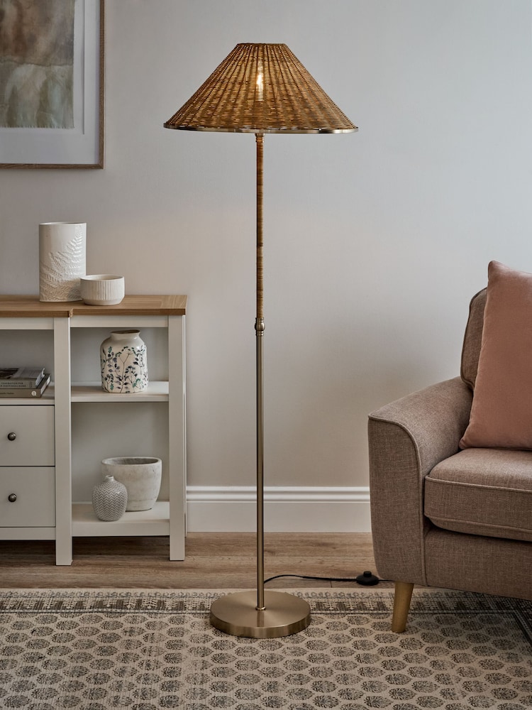 Brass Stratford Woven Rattan Floor Lamp - Image 1 of 6