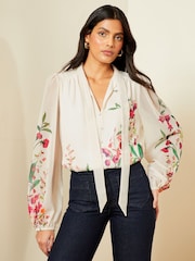 V&A | Love & Roses Ivory White Printed Pussy Bow V Neck Button Through Long Sleeve Blouse - Image 1 of 4