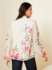 V&A | Love & Roses Ivory White Printed Pussy Bow V Neck Button Through Long Sleeve Blouse - Image 2 of 4