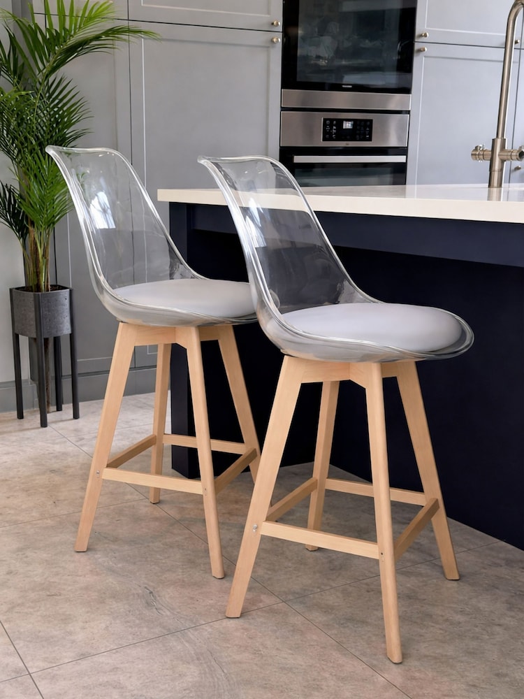 Fusion Living Set of 2 Light Grey Soho Clear Plastic Bar Stools with Light Wood Legs - Image 1 of 5