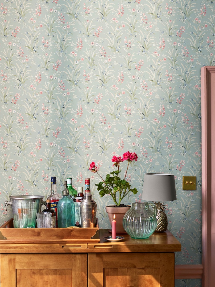 Laura Ashley Blue Mosedale Posy Dark Duck Egg Blue A4 Wallpaper Sample - Image 1 of 2