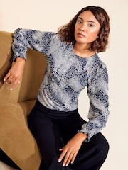 Friends Like These Navy Print Shirred Cuff Top - Image 3 of 5
