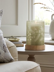 Green Floral Engraved Glass and Wood Hurricane Candle Holder - Image 1 of 5