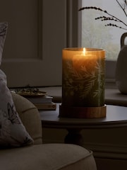 Green Floral Engraved Glass and Wood Hurricane Candle Holder - Image 2 of 5