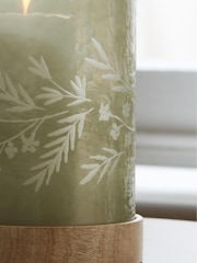 Green Floral Engraved Glass and Wood Hurricane Candle Holder - Image 3 of 5