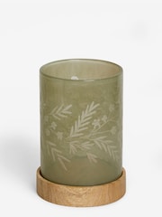 Green Floral Engraved Glass and Wood Hurricane Candle Holder - Image 4 of 5