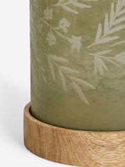 Green Floral Engraved Glass and Wood Hurricane Candle Holder - Image 5 of 5