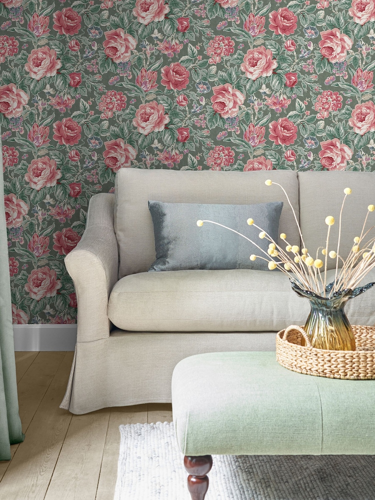 Laura Ashley Green Wild Roses A4 Wallpaper Sample - Image 1 of 2