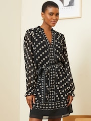 Love & Roses Black/White Chiffon V Neck Elasticated Sleeve Belted Mini Dress - Image 1 of 4