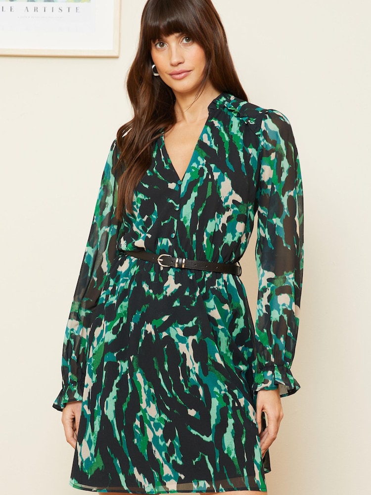 Love & Roses Textured Green Chiffon V Neck Elasticated Sleeve Belted Mini Dress - Image 1 of 4 Love & Roses Textured Green Chiffon V Neck Elasticated Sleeve Belted Mini Dress - Image 1 of 4