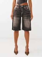 True Religion Brown Baggy Denim Jort Big T Flap Jeans - Image 1 of 5