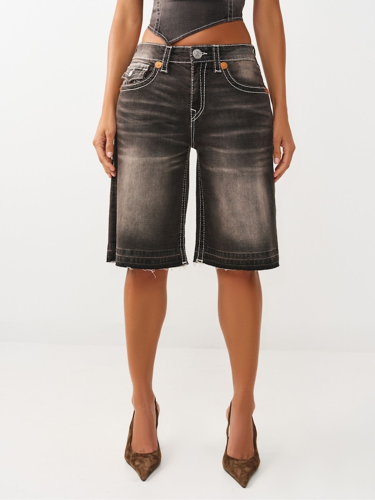 True Religion Brown Baggy Denim Jort Big T Flap Jeans - Image 1 of 5