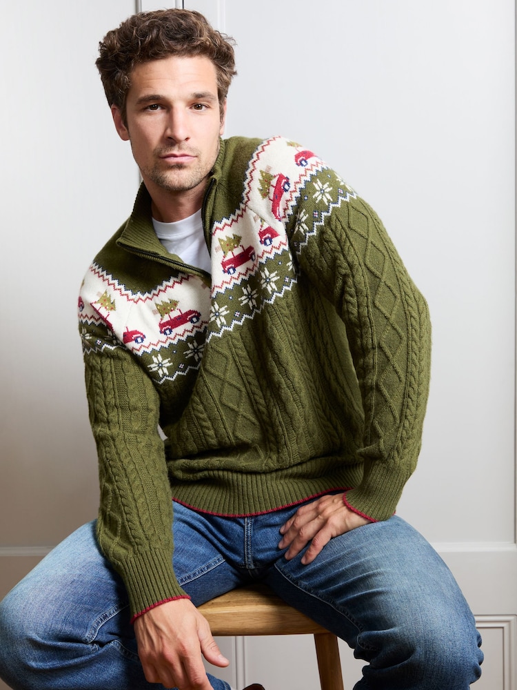 JoJo Maman Bébé Dark Green Men's Long Sleeve Christmas Car Fairisle Jumper - Image 1 of 4 JoJo Maman Bébé Dark Green Men's Long Sleeve Christmas Car Fairisle Jumper - Image 1 of 4