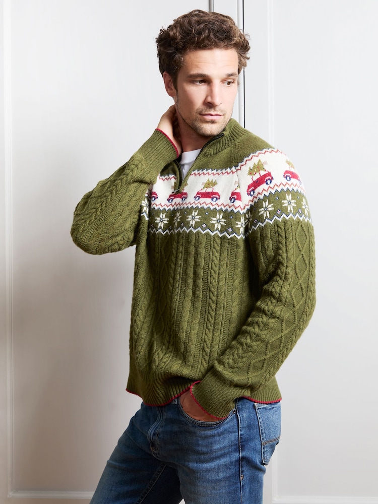 JoJo Maman Bébé Dark Green Men's Long Sleeve Christmas Car Fairisle Jumper - Image 2 of 4 JoJo Maman Bébé Dark Green Men's Long Sleeve Christmas Car Fairisle Jumper - Image 2 of 4
