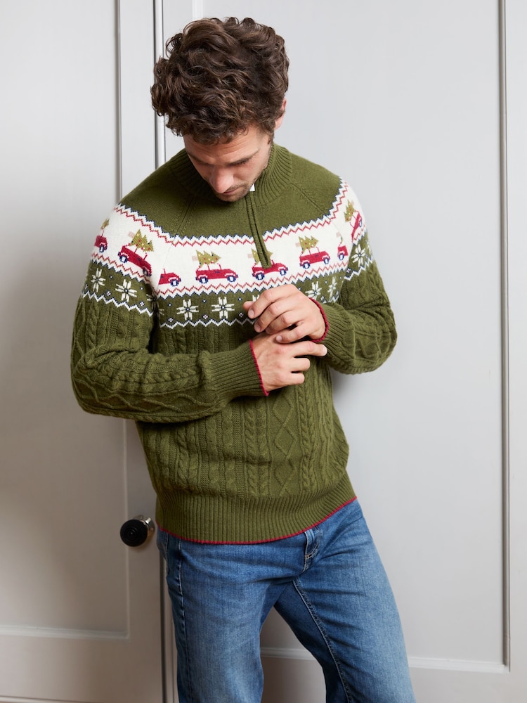 JoJo Maman Bébé Dark Green Men's Long Sleeve Christmas Car Fairisle Jumper - Image 4 of 4 JoJo Maman Bébé Dark Green Men's Long Sleeve Christmas Car Fairisle Jumper - Image 4 of 4